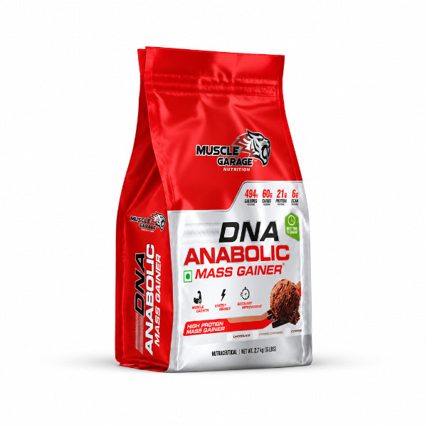A 2 kg bag of Muscle Garage DNA Anabolic Mass Gainer powder, featuring a red and white packaging design with a chocolate cookie graphic on the front, set against a plain white background.