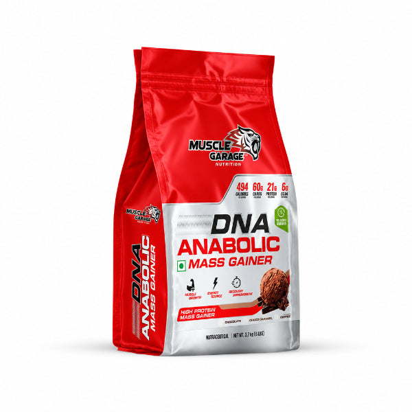 A 2 kg bag of Muscle Garage DNA Anabolic Mass Gainer powder, featuring a red and white packaging design with a chocolate cookie graphic on the front, set against a plain white background.