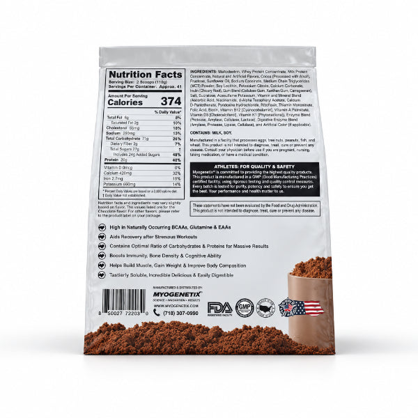 Myogenetix Massive High Calorie Weight Gainer 5 lbs – Nutrition Facts 374 Cal, 15g Protein, 75g Carbs | 91Servings