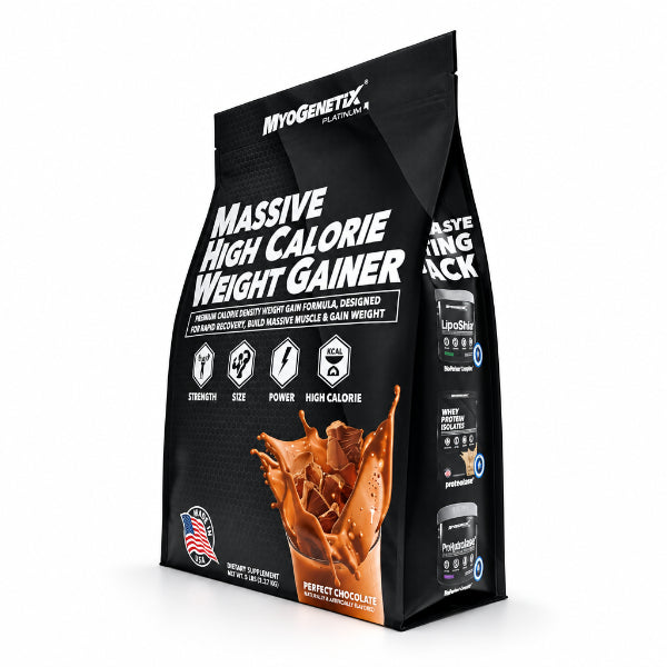 Myogenetix Massive High Calorie Weight Gainer 5 lbs – Side View with Ultimate Cutting Stack | 91Servings