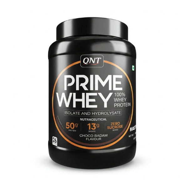 QNT Prime Whey 100% Whey Protein Isolate & Hydrolysate 1kg – 50g Protein 26 Servings Choco Badam | 91Servings