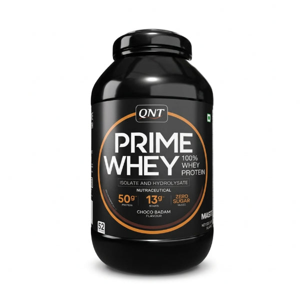 QNT Prime Whey 100% Whey Protein Isolate & Hydrolysate 2kg – 50g Protein 52 Servings Choco Badam | 91Servings