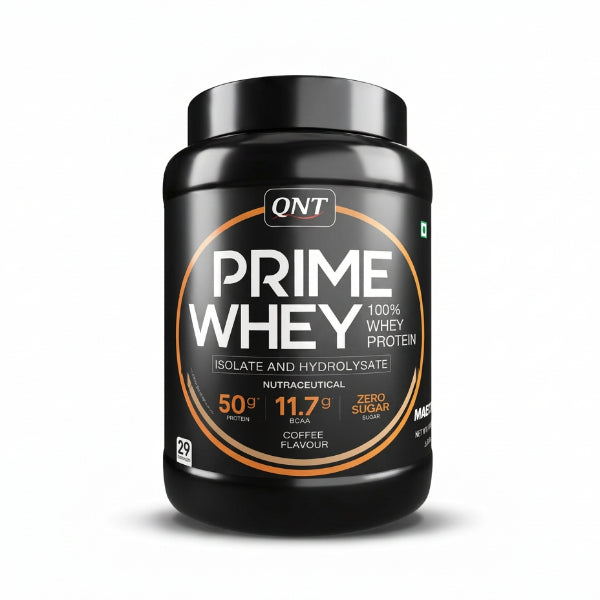 QNT Prime Whey 100% Whey Protein Isolate & Hydrolysate 1kg – 50g Protein 29 Servings Coffee | 91Servings