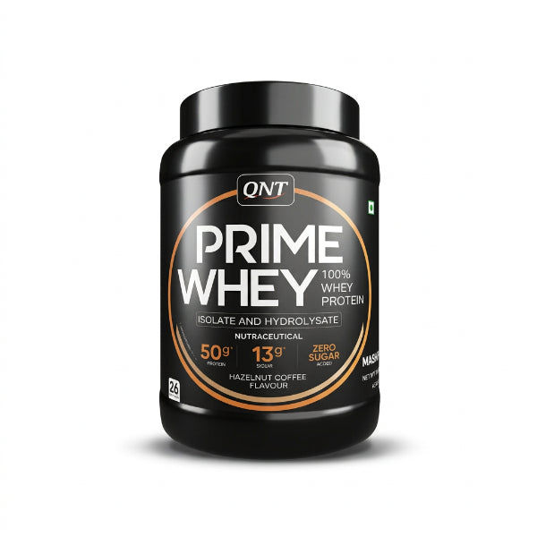 QNT Prime Whey 100% Whey Protein Isolate & Hydrolysate 1kg – 50g Protein 26 Servings Hazelnut Coffee | 91Servings