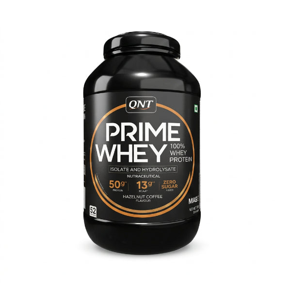 QNT Prime Whey 100% Whey Protein Isolate & Hydrolysate 2kg – 50g Protein 52 Servings Hazelnut Coffee | 91Servings