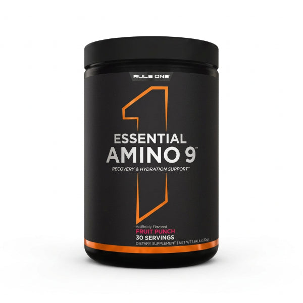 Rule 1 Essential Amino 9 Fruit Punch 330g – 7.5g EAAs, 5g BCAAs, 500mg Electrolytes, 30 Servings | 91Servings