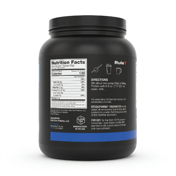 Rule 1 Whey Protein Chocolate Fudge 5lb – Nutrition Facts, 130 Calories, 24g Protein per 32g Serving | 91Servings