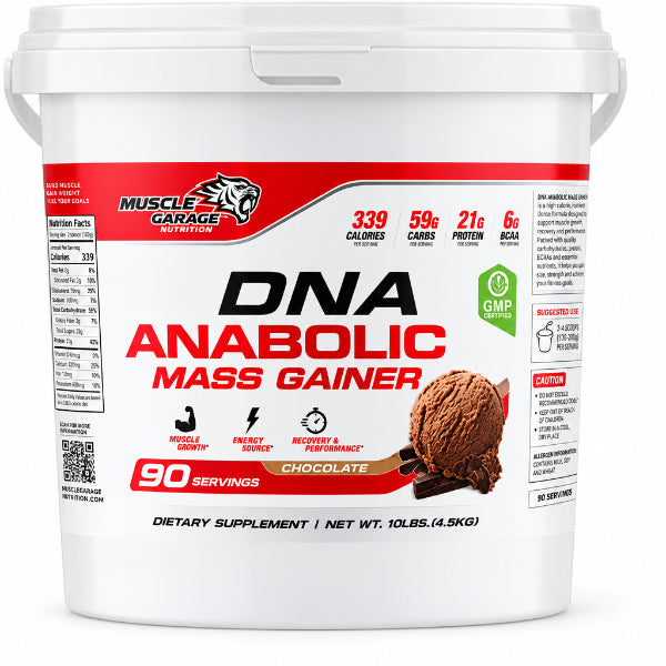 A white plastic tub of Muscle Garage Nutrition DNA Anabolic Mass Gainer in Chocolate flavor, featuring a red and white label with product details and a chocolate cookie graphic.