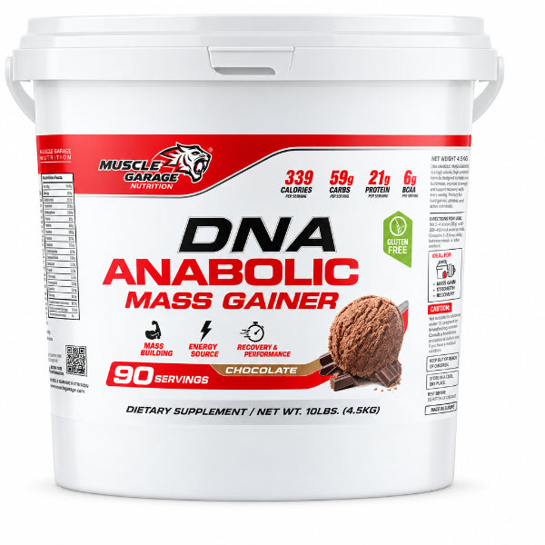 A white plastic tub of Muscle Garage Nutrition DNA Anabolic Mass Gainer in Chocolate flavor, featuring a red and white label with product details and a chocolate cookie graphic.