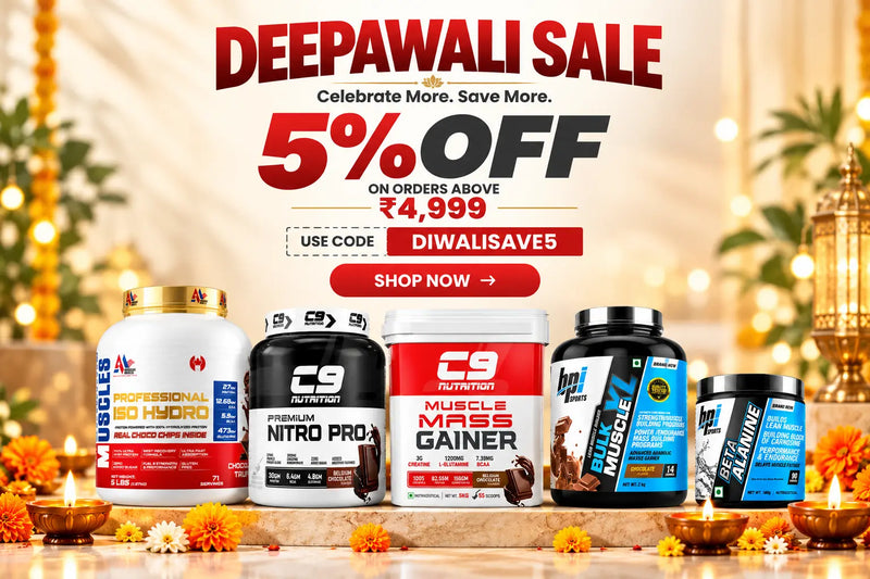 91Servings Deepawali Sale banner featuring 5% off on orders above ₹4,999 with code DIWALISAVE5, festive Diwali decorations, and multiple sports nutrition supplement brands.