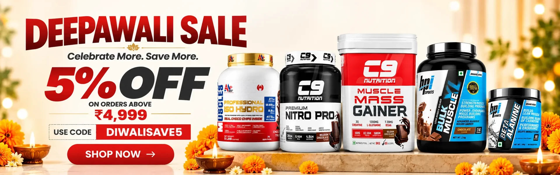 91Servings Deepawali Sale banner featuring 5% off on orders above ₹4,999 with code DIWALISAVE5, festive Diwali decorations, and multiple sports nutrition supplement brands.