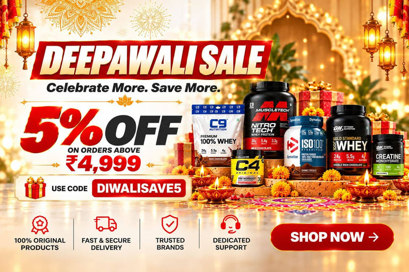 91Servings Deepawali Sale banner featuring 5% off on orders above ₹4,999 with code DIWALISAVE5, festive Diwali decorations, and multiple sports nutrition supplement brands.