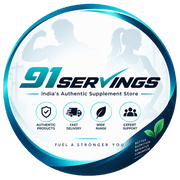 91Servings circular brand profile logo featuring the 91Servings name, authentic supplement store tagline, and fitness-focused icons for authentic products, fast delivery, wide range, and support.