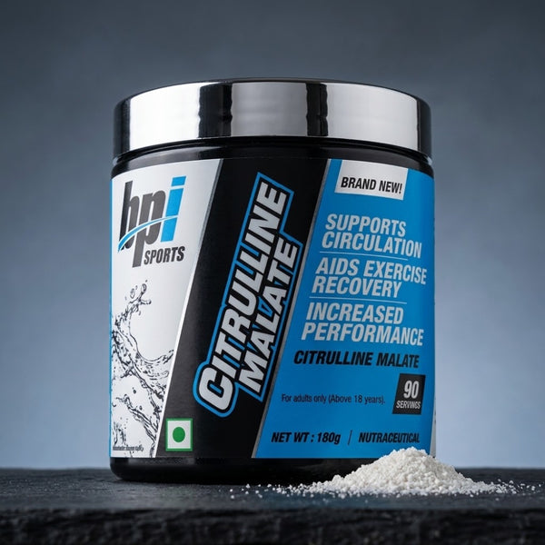 A black and blue container of BPI Sports Citrulline Malate powder with a silver lid, shown on a dark textured surface with a small pile of white powder in front, against a dark blue-gray gradient background.