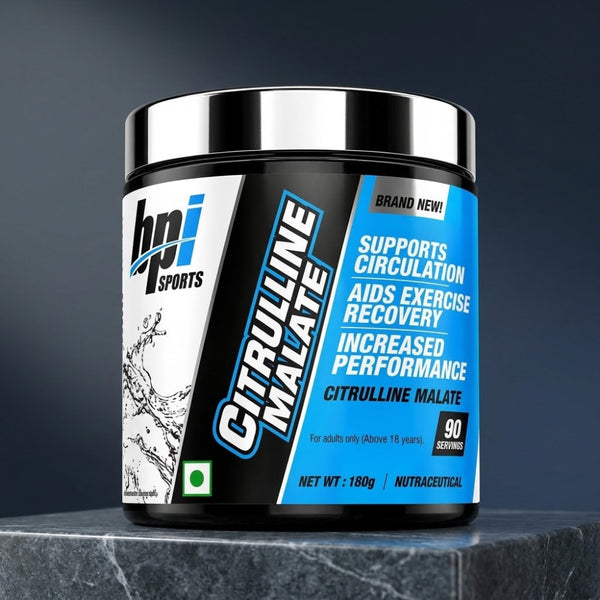 A black and white supplement tub with a blue and white label reading 'Citrulline Malate' and 'BPI Sports', shown on a dark gray marble surface against a dark gray background.