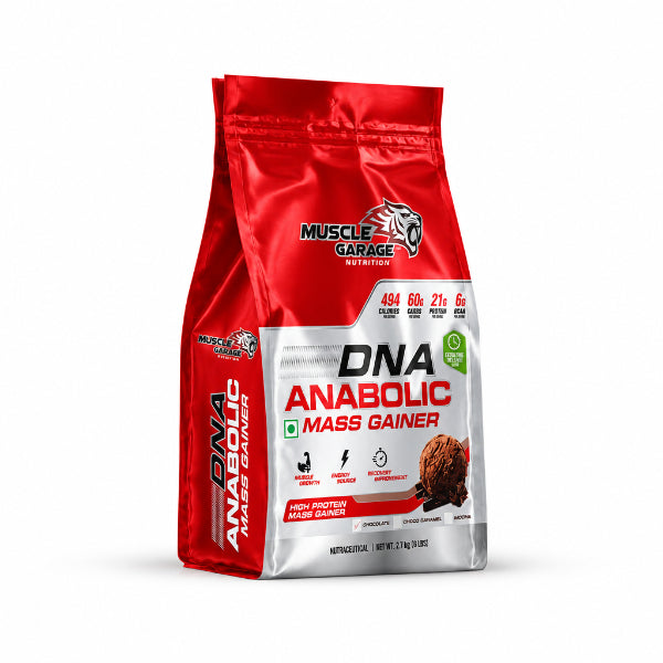 A 2 kg bag of Muscle Garage DNA Anabolic Mass Gainer powder, featuring a red and white packaging design with a chocolate cookie graphic on the front, set against a plain white background.