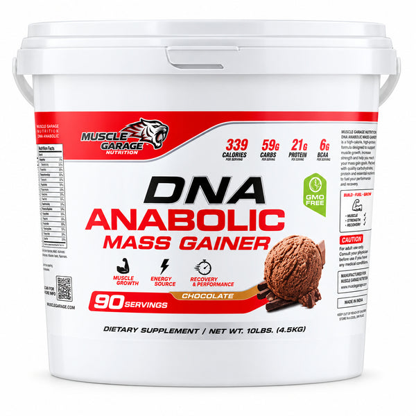 A white plastic tub of Muscle Garage Nutrition DNA Anabolic Mass Gainer in Chocolate flavor, featuring a red and white label with product details and a chocolate cookie graphic.